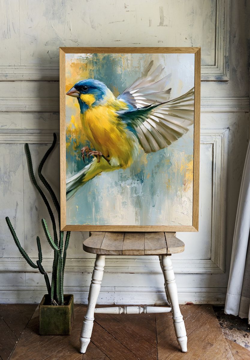 Blue and Yellow Bird Illustration Poster. room preview