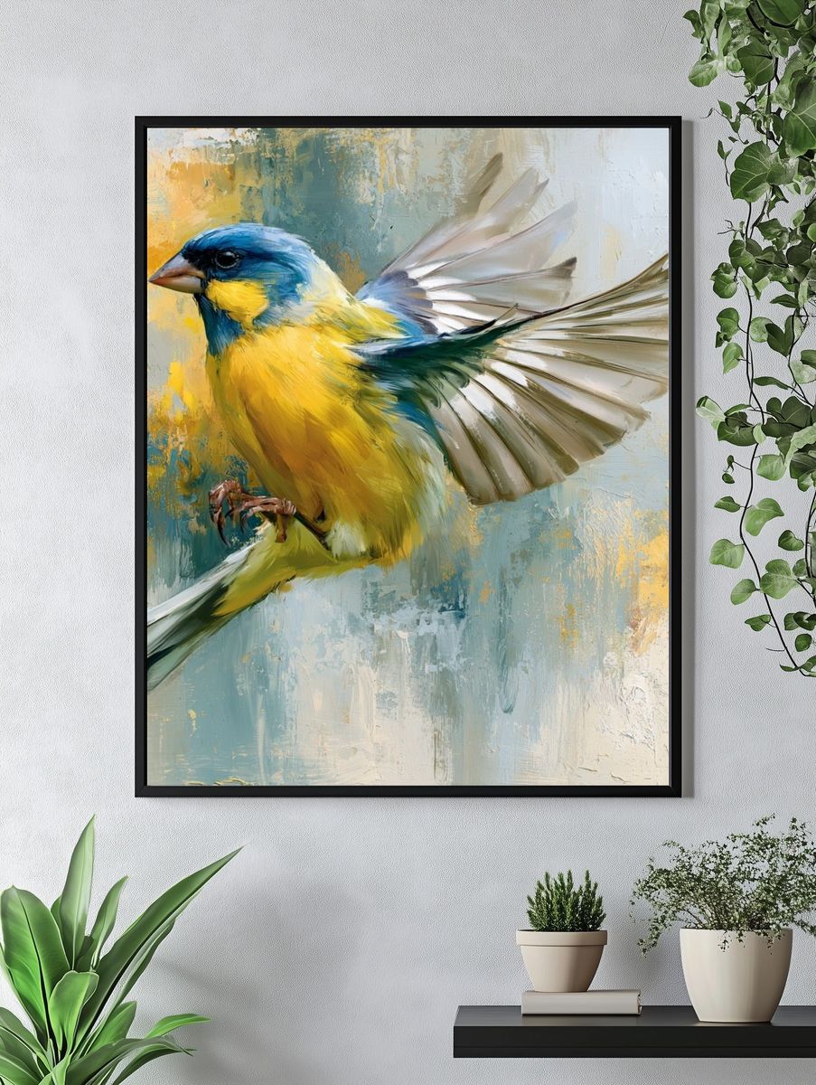Blue and Yellow Bird Illustration Poster. — room view 4