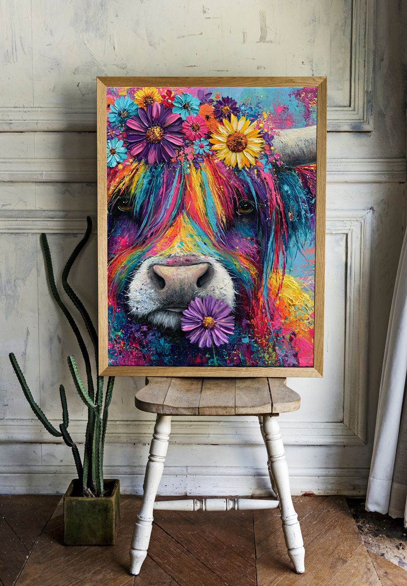 Rainbow Cow Floral Portrait Poster. room preview