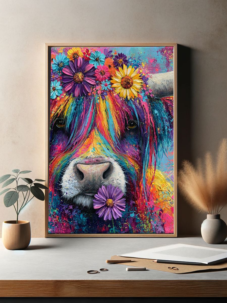 Rainbow Cow Floral Portrait Poster. — room view 2