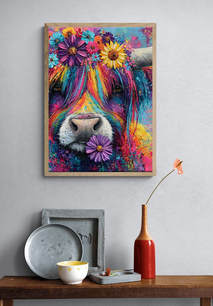 Rainbow Cow Floral Portrait Poster. — room view 3