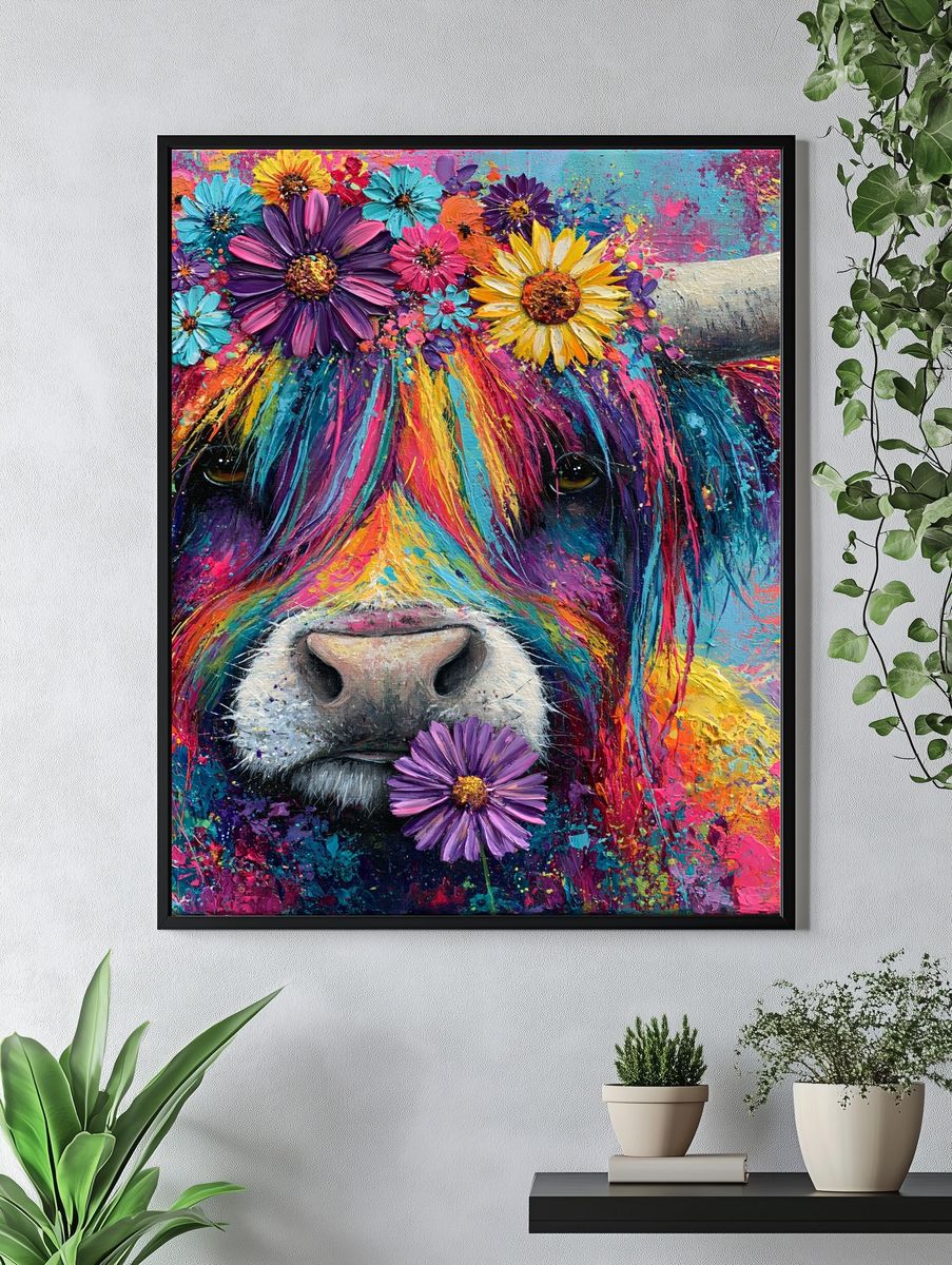 Rainbow Cow Floral Portrait Poster. — room view 4