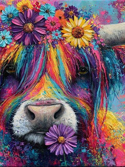 Rainbow Cow Floral Portrait Poster.