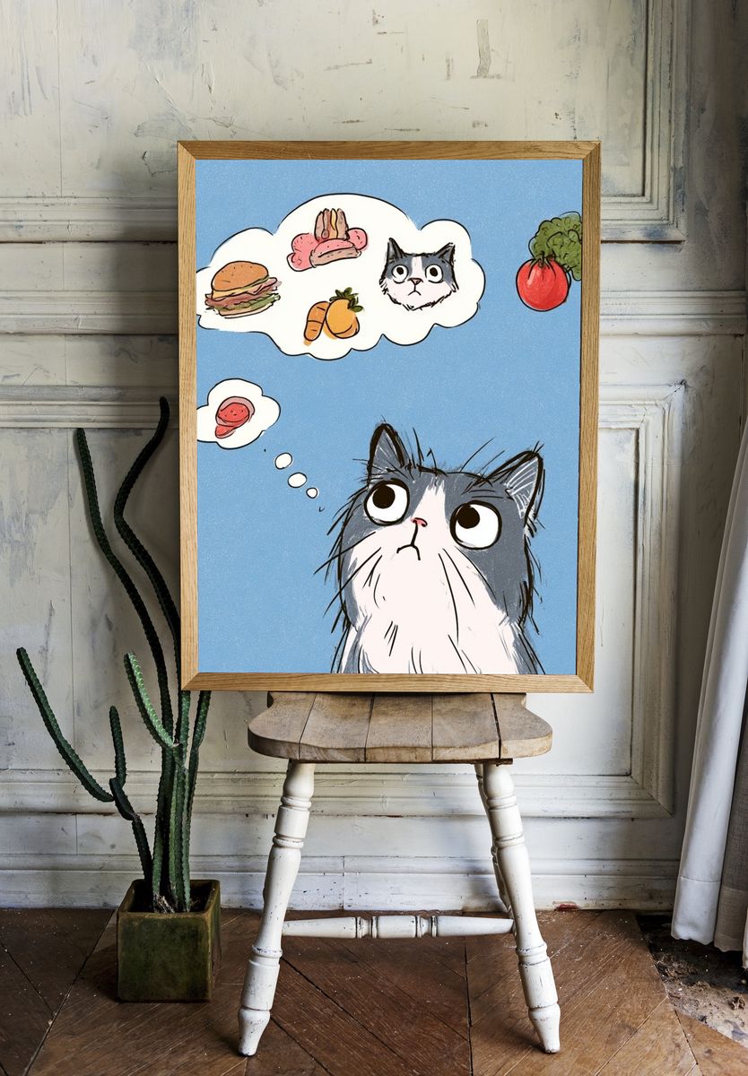 Hungry Cat Cartoon Poster. — room view 1