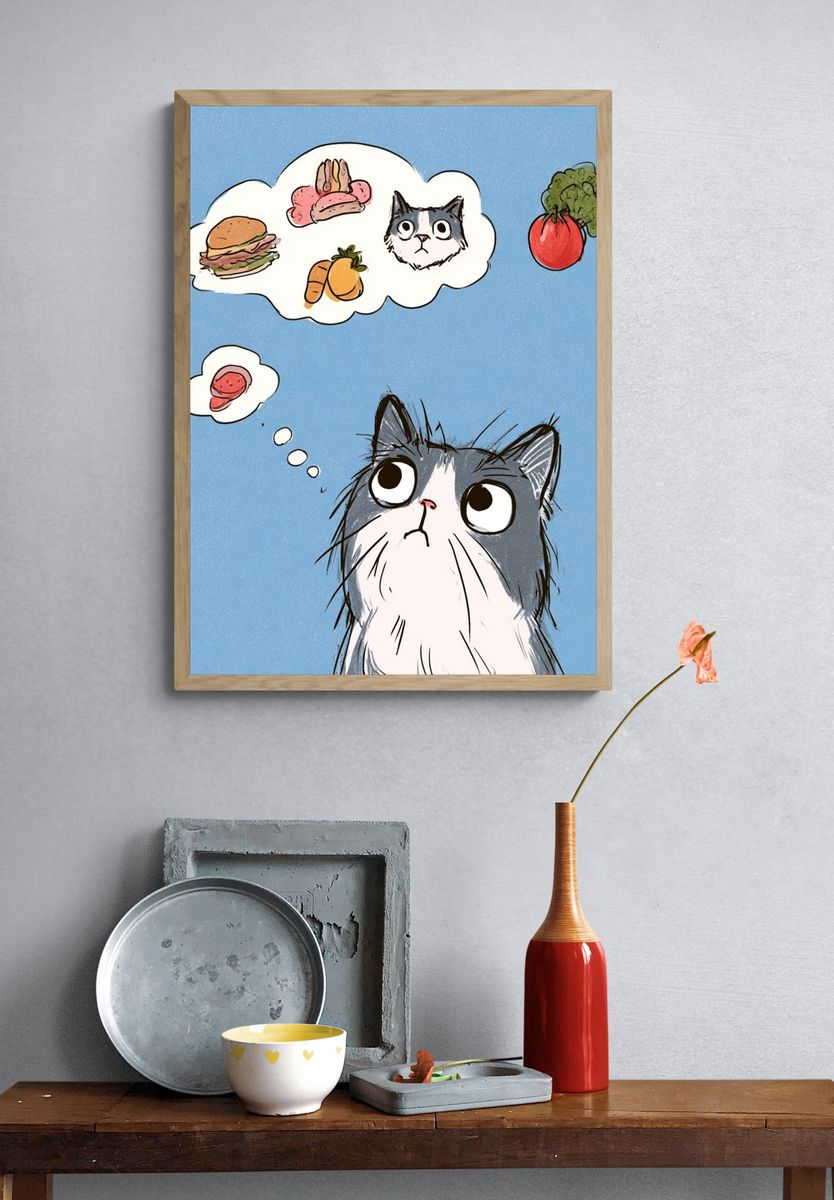 Hungry Cat Cartoon Poster. — room view 3
