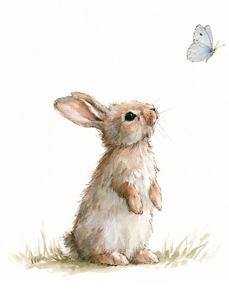 Rabbit and Butterfly Watercolor Print. poster detail