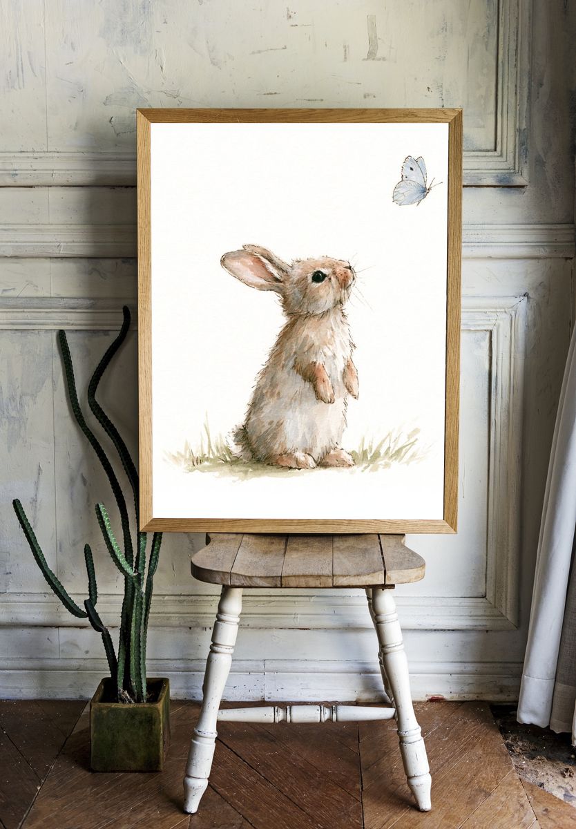 Rabbit and Butterfly Watercolor Print. room preview