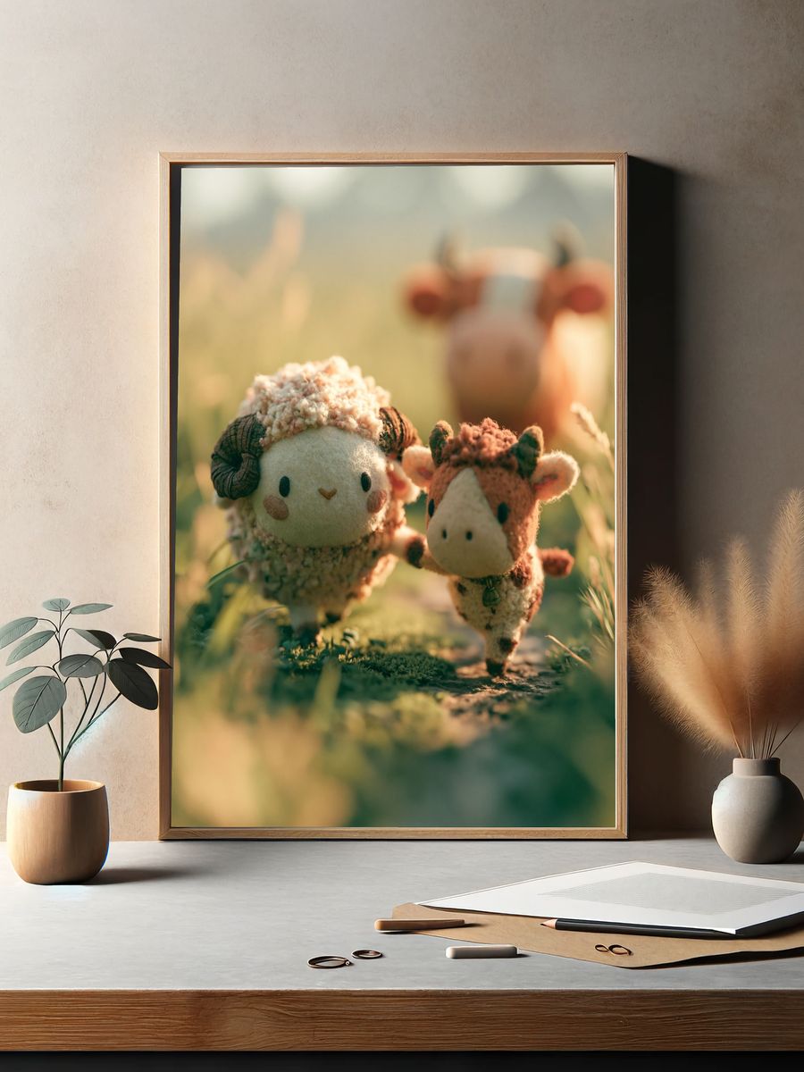 Cute Sheep and Calf Illustration Poster. — room view 2