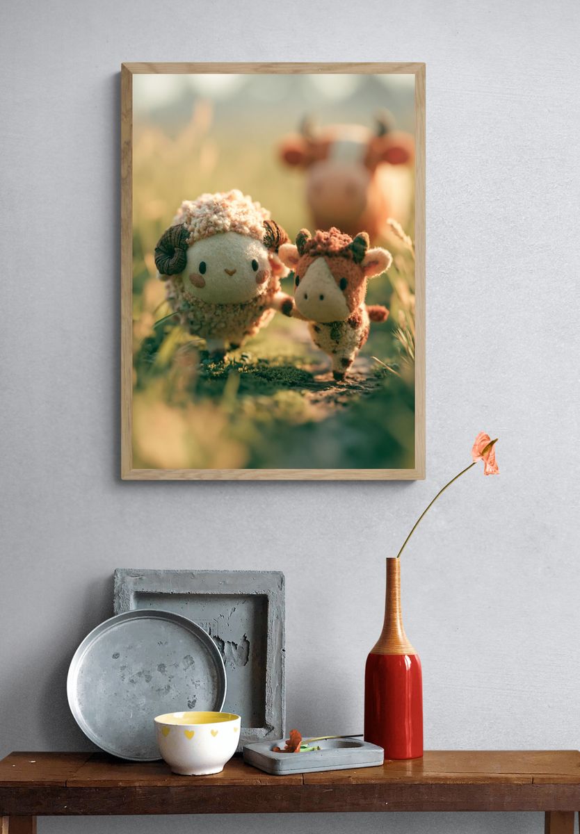 Cute Sheep and Calf Illustration Poster. — room view 3