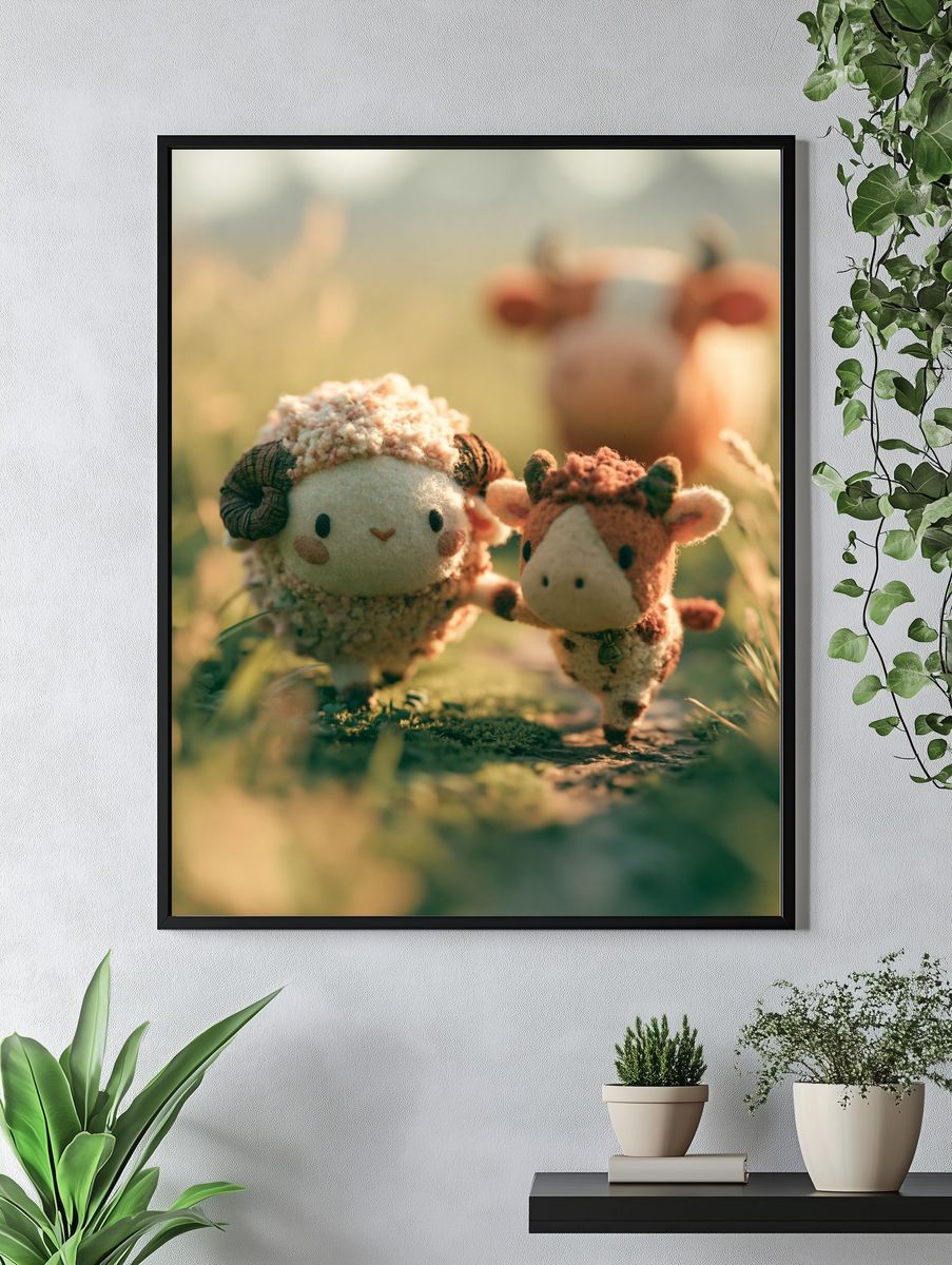 Cute Sheep and Calf Illustration Poster. — room view 4