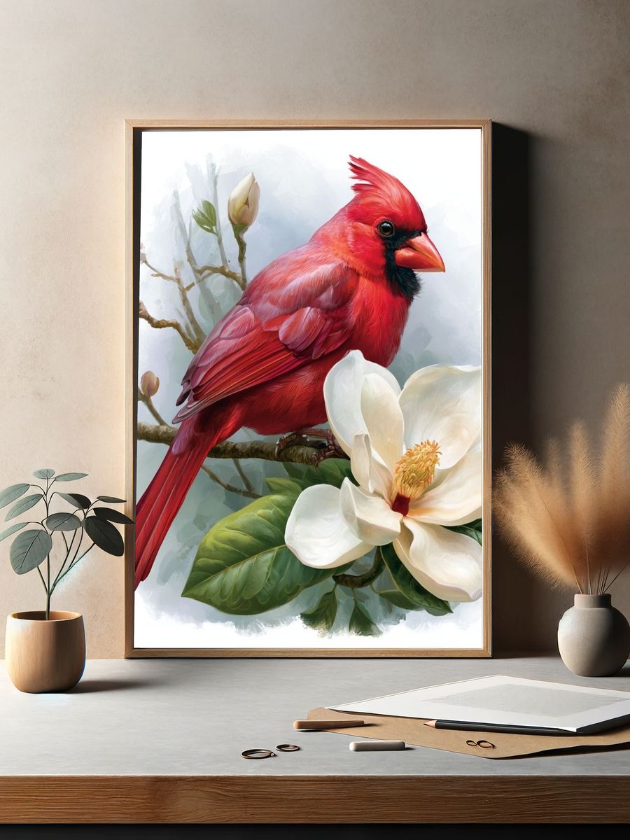 Red Cardinal and Magnolia Poster. — room view 2