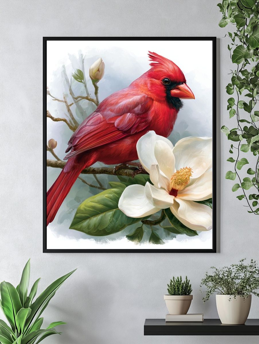 Red Cardinal and Magnolia Poster. — room view 4