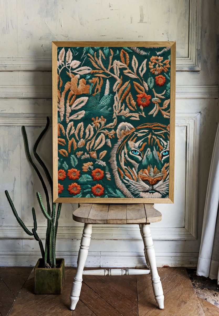 Tiger Floral Embroidery Print. room preview