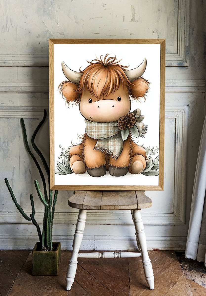 Cozy Highland Cow Illustration Poster. room preview