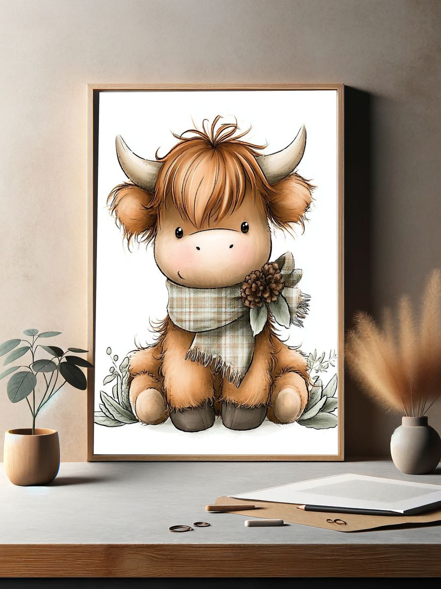 Cozy Highland Cow Illustration Poster. — room view 2