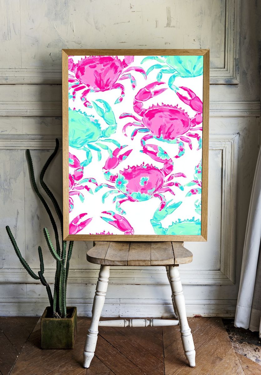 Pink and Aqua Crab Pattern Poster. room preview