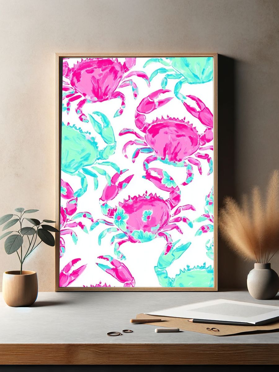 Pink and Aqua Crab Pattern Poster. — room view 2