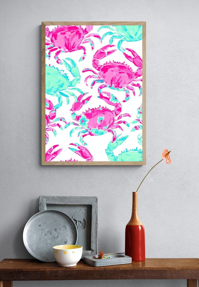 Pink and Aqua Crab Pattern Poster. — room view 3