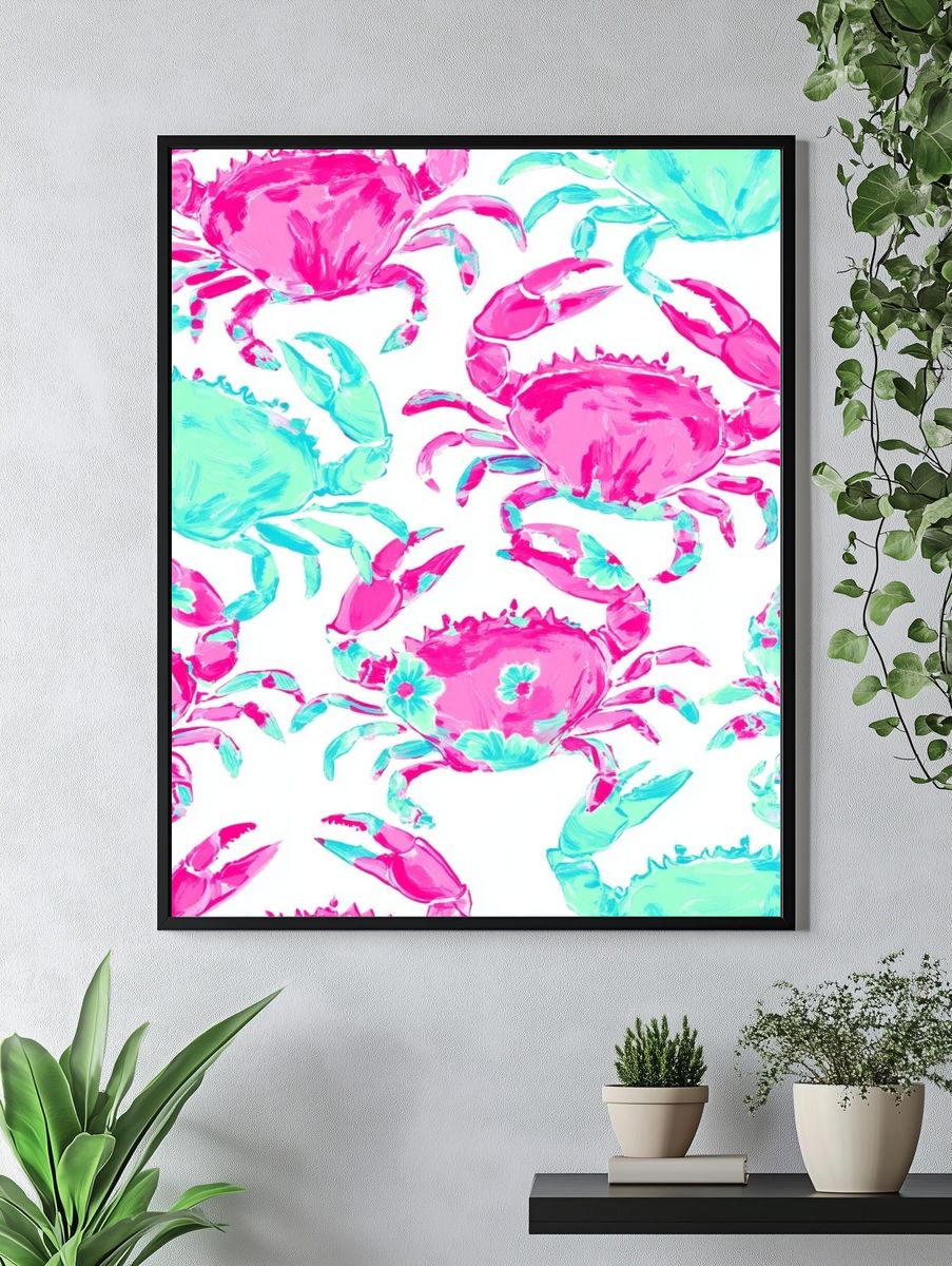 Pink and Aqua Crab Pattern Poster. — room view 4