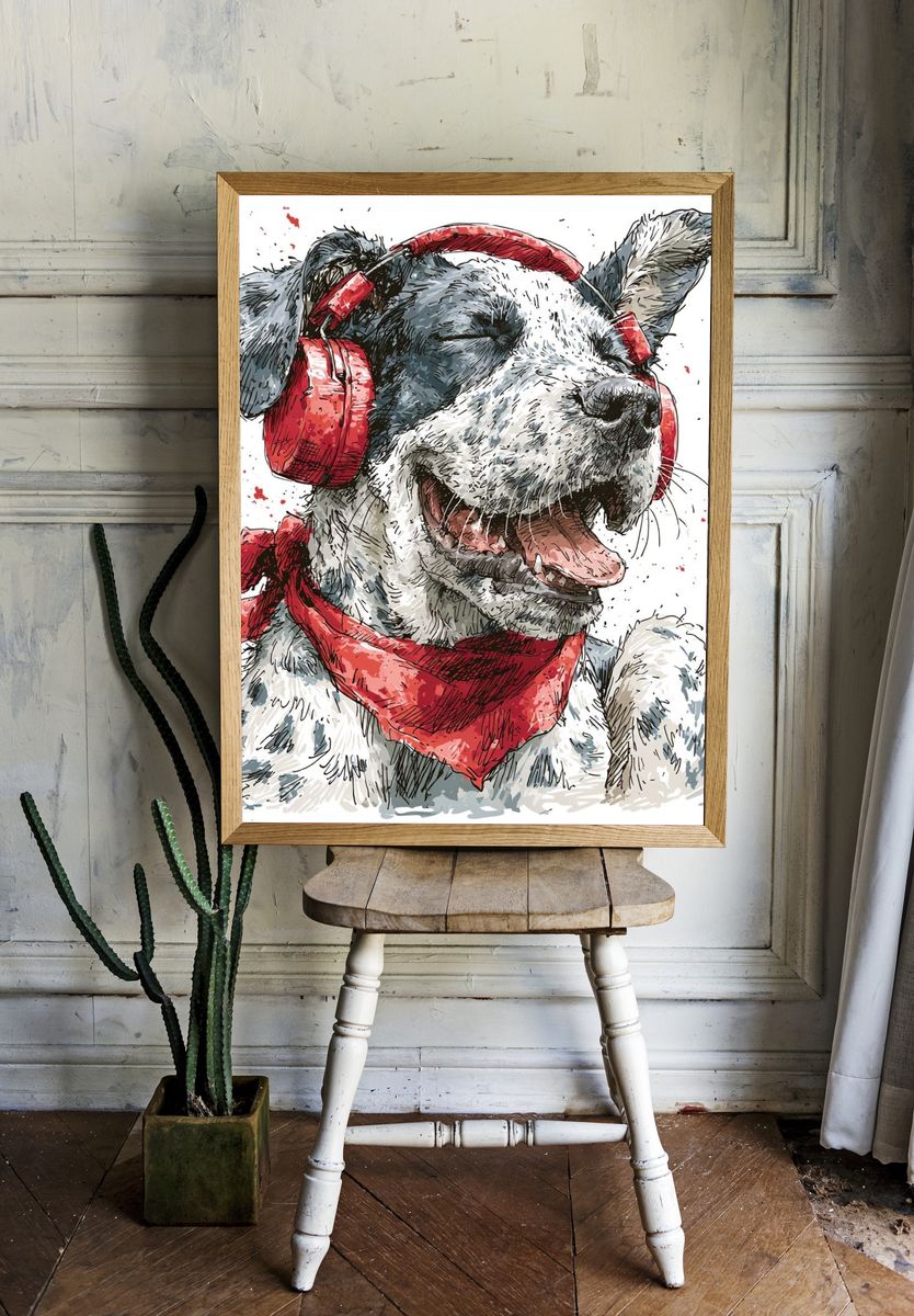 Happy Dog with Headphones Illustration Poster. room preview