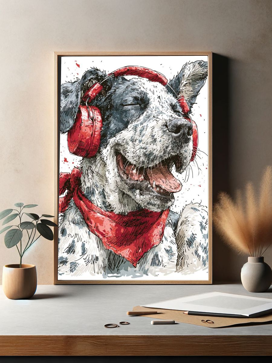 Happy Dog with Headphones Illustration Poster. — room view 2
