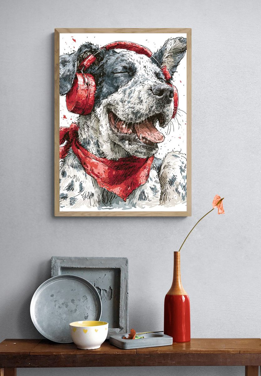 Happy Dog with Headphones Illustration Poster. — room view 3