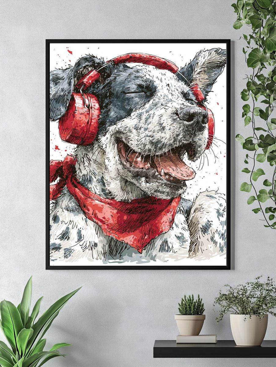 Happy Dog with Headphones Illustration Poster. — room view 4