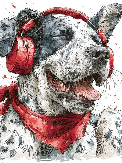 Happy Dog with Headphones Illustration Poster. poster