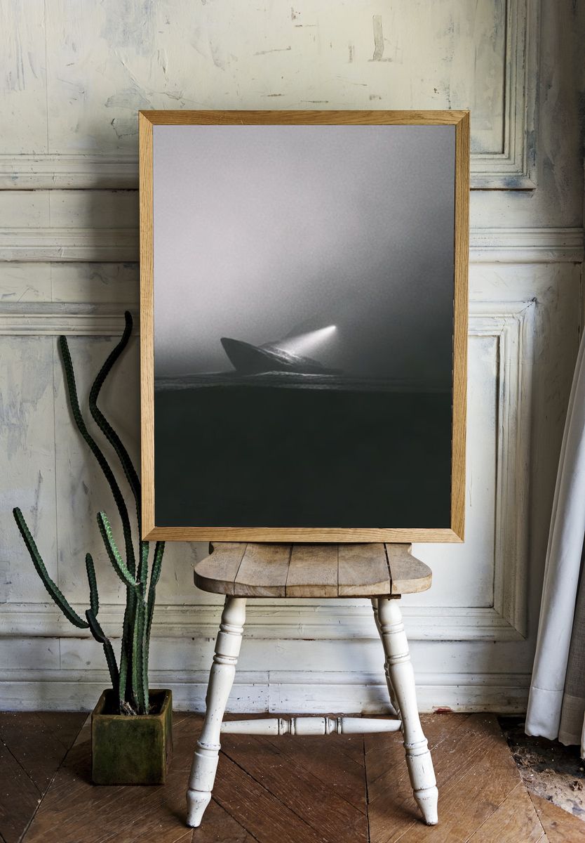 Misty Whale Surfacing Poster. room preview