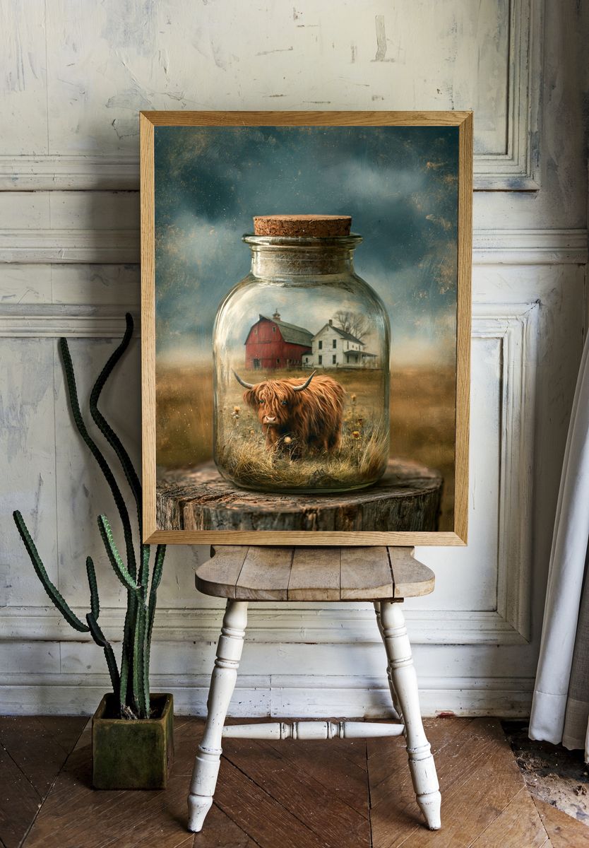 Highland Cow in Jar Illustration Poster. room preview