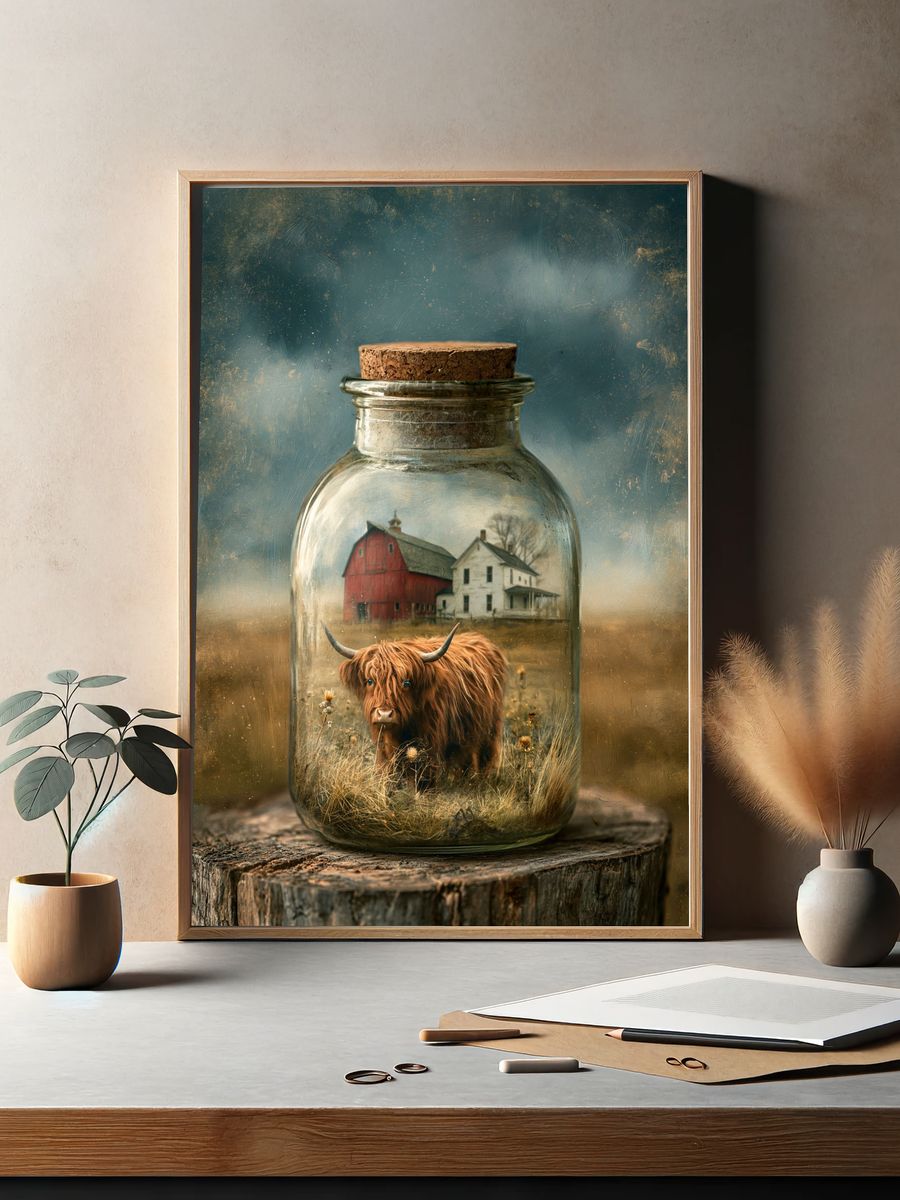 Highland Cow in Jar Illustration Poster. — room view 2