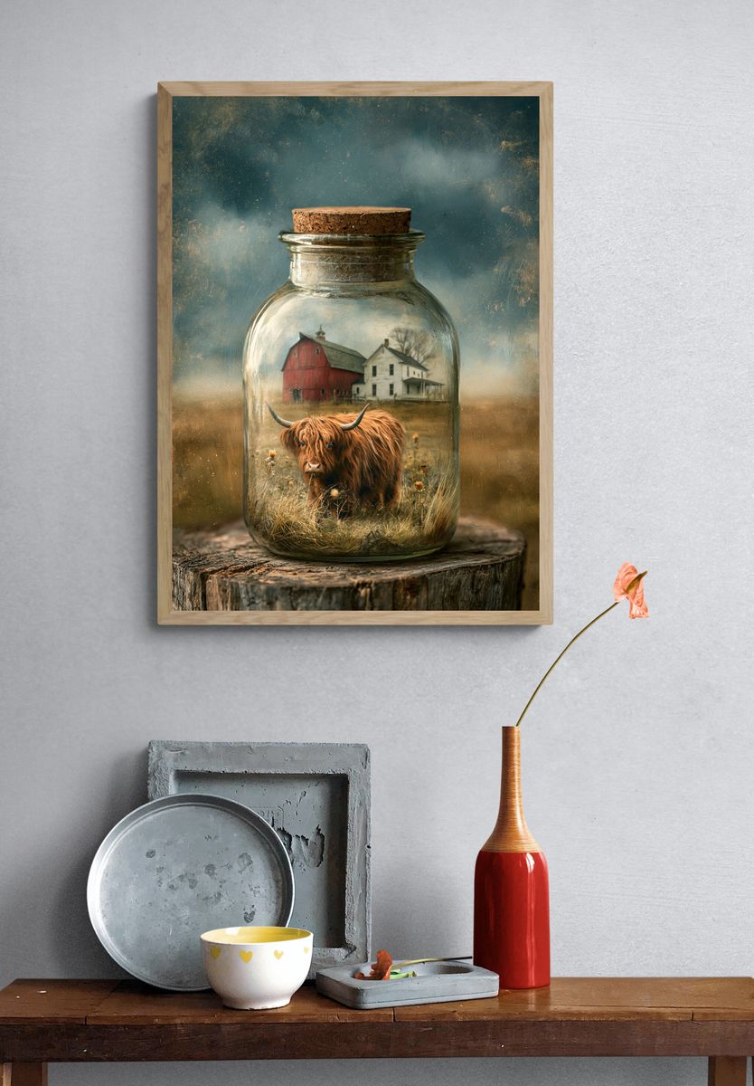 Highland Cow in Jar Illustration Poster. — room view 3