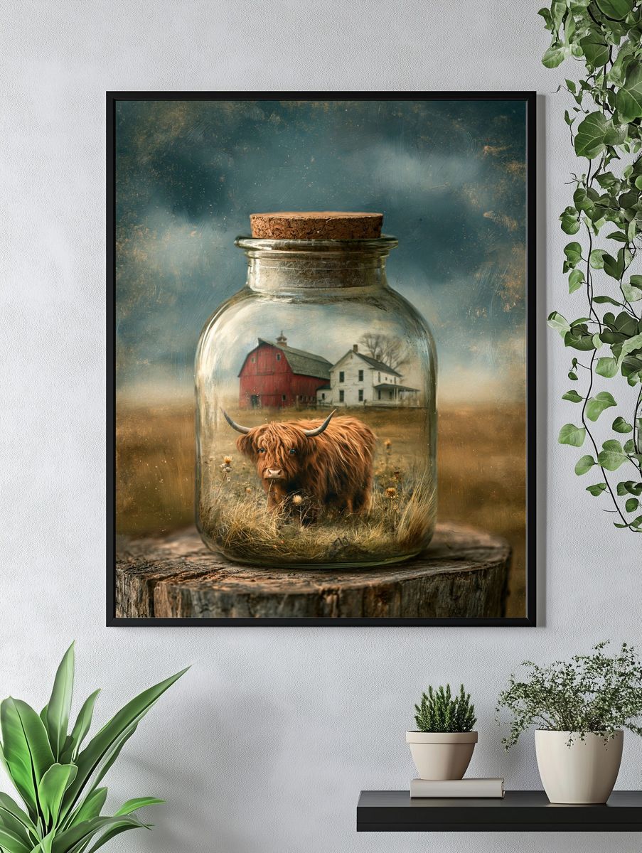 Highland Cow in Jar Illustration Poster. — room view 4