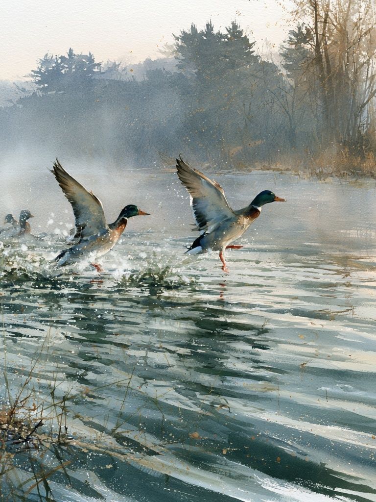 Mallard Ducks on Misty Lake Print. poster — animals art