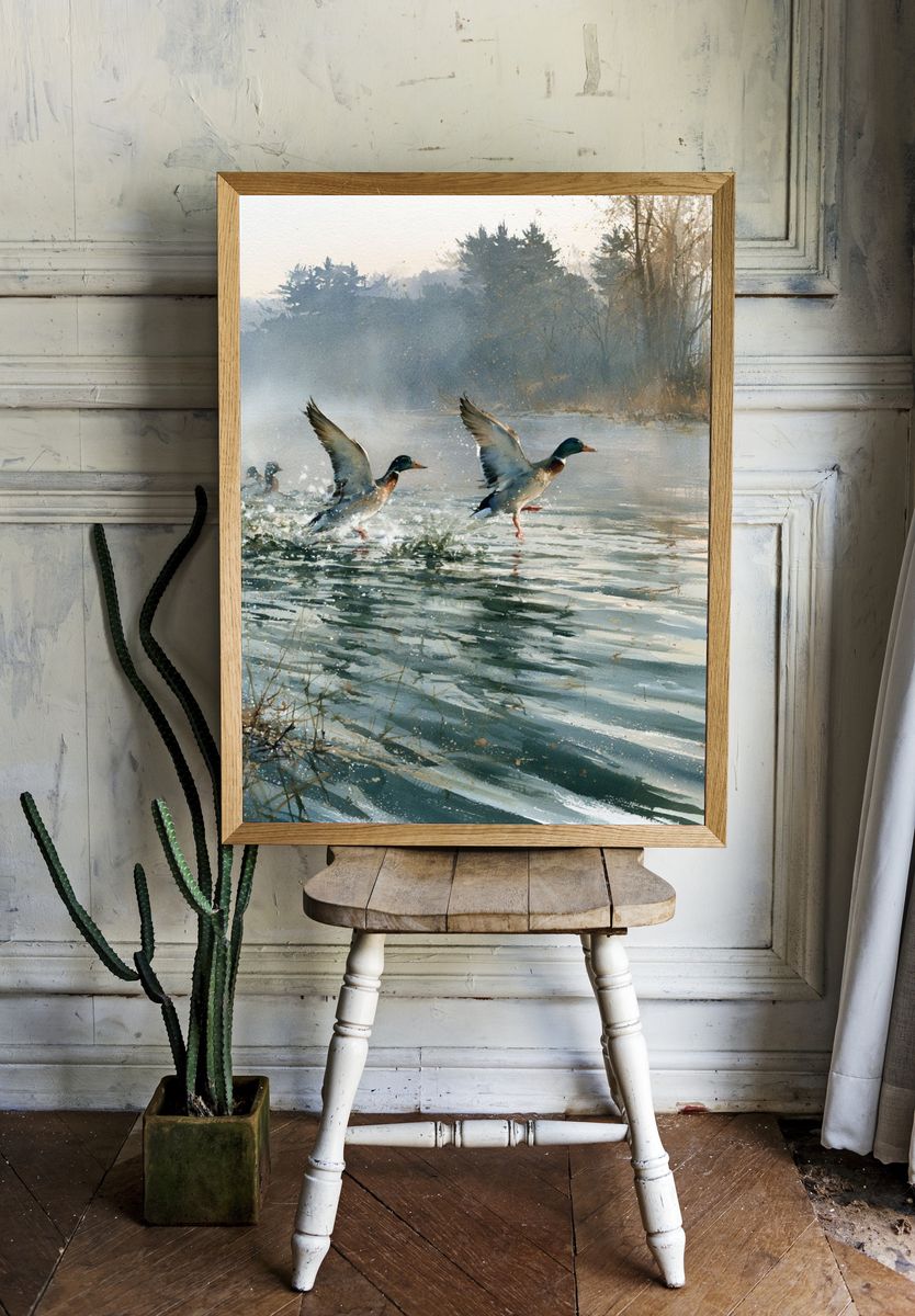 Mallard Ducks on Misty Lake Print. — room view 1