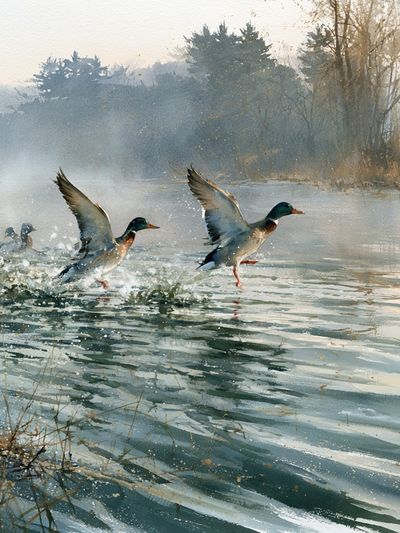 Mallard Ducks on Misty Lake Print.