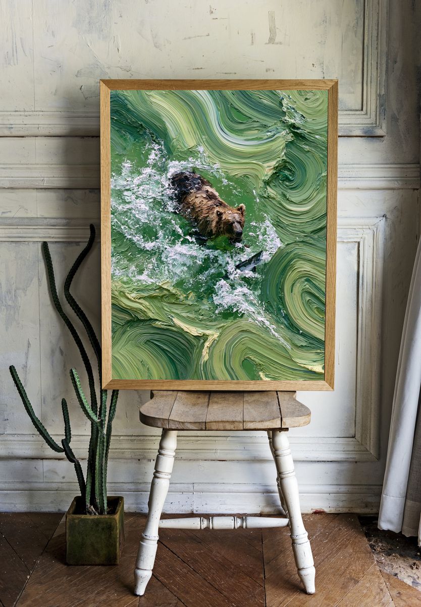 Bear Fishing in Green Waters Poster. room preview