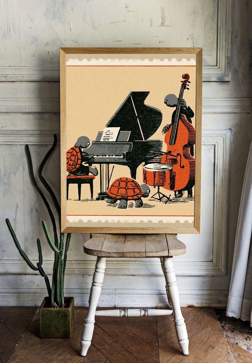Turtle Jazz Ensemble Vintage Print. room preview