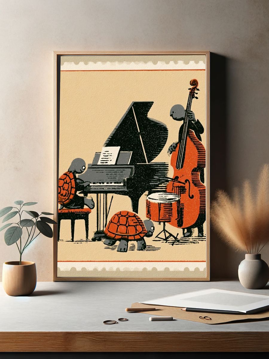 Turtle Jazz Ensemble Vintage Print. — room view 2