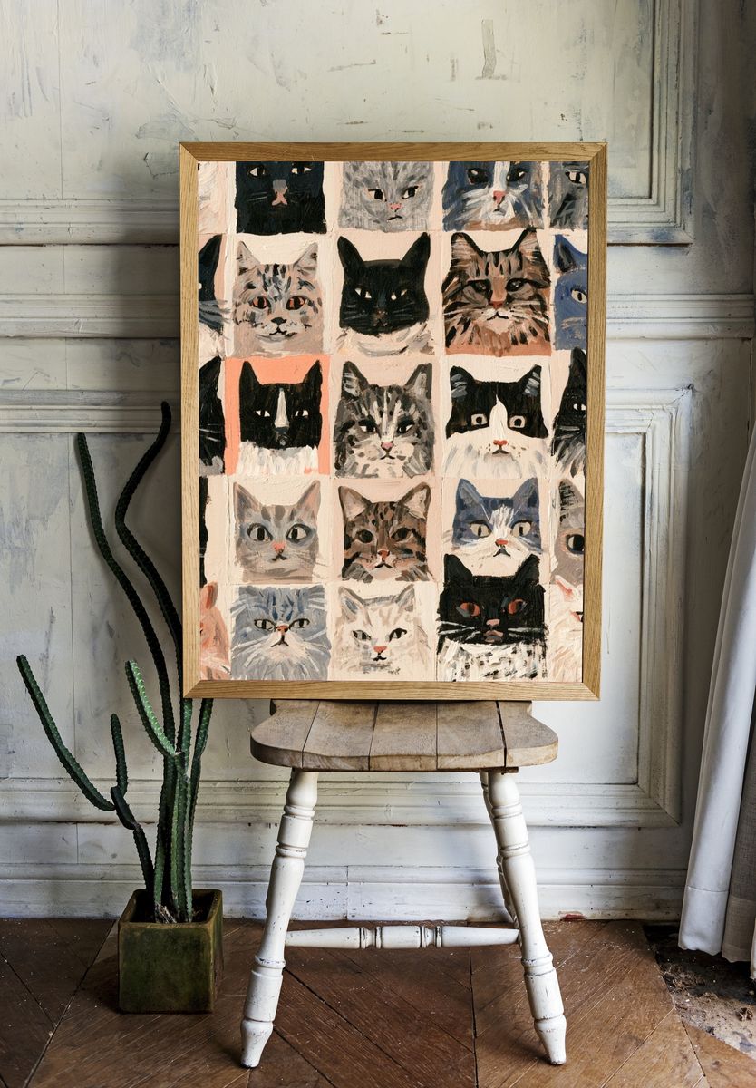 Cat Portrait Grid Illustration Poster. — room view 1