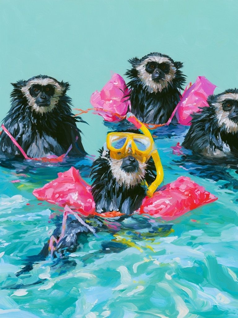 Snorkeling Monkeys Illustration Poster. poster — animals art