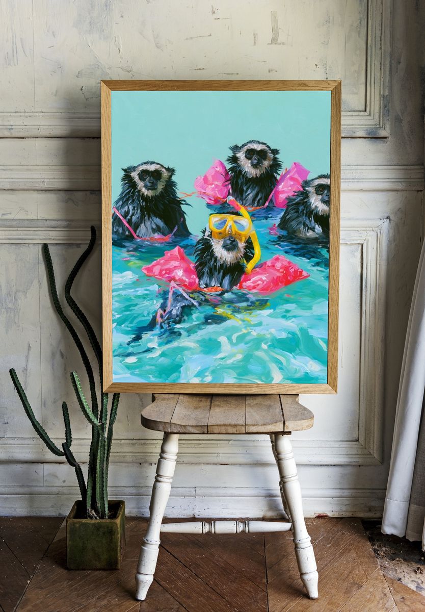Snorkeling Monkeys Illustration Poster. room preview