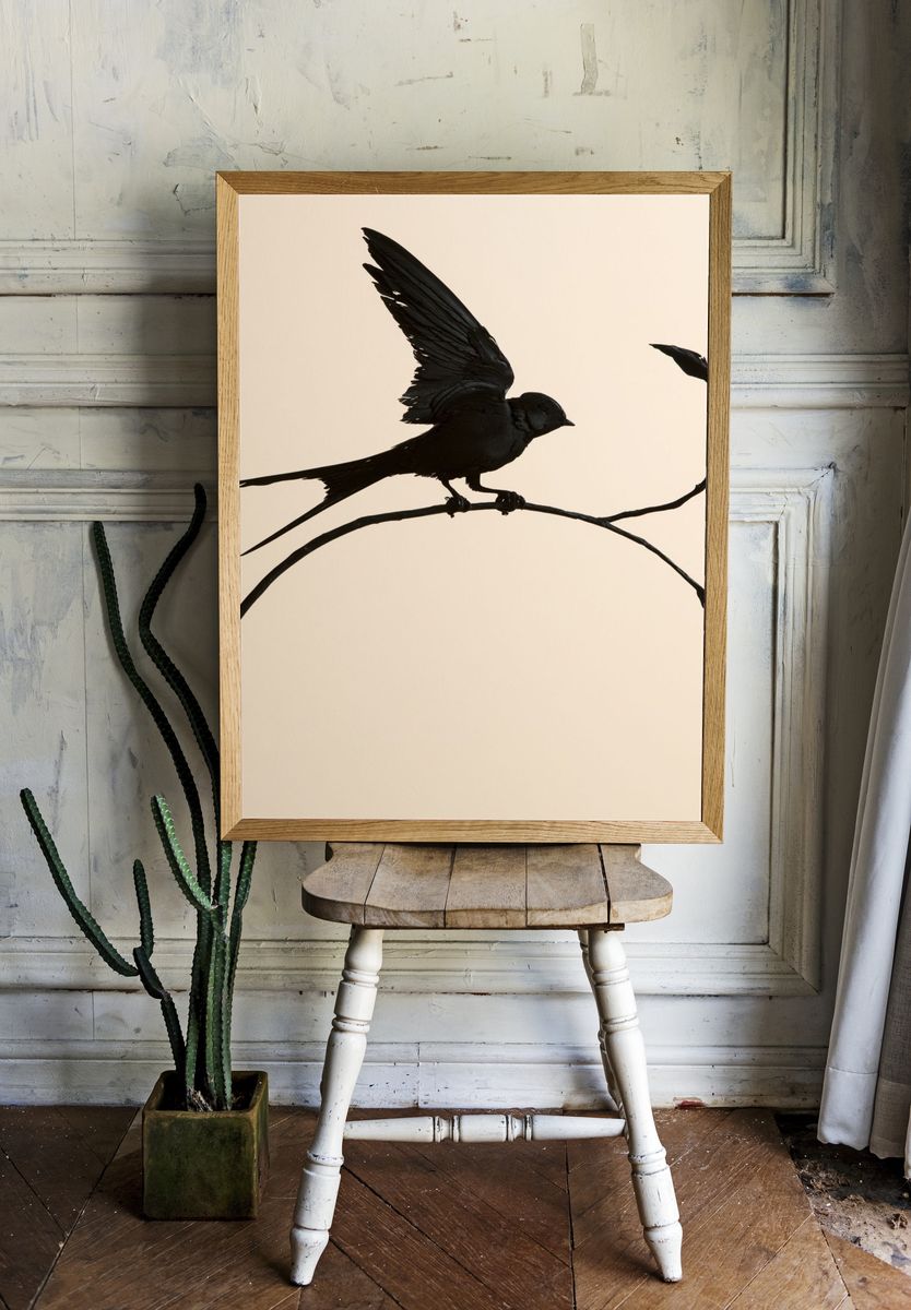 Black Bird Silhouette Botanical Print. room preview