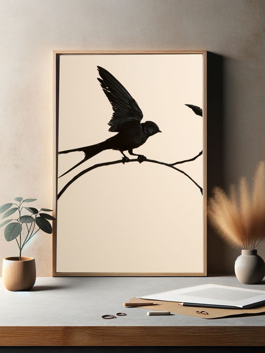 Black Bird Silhouette Botanical Print. — room view 2