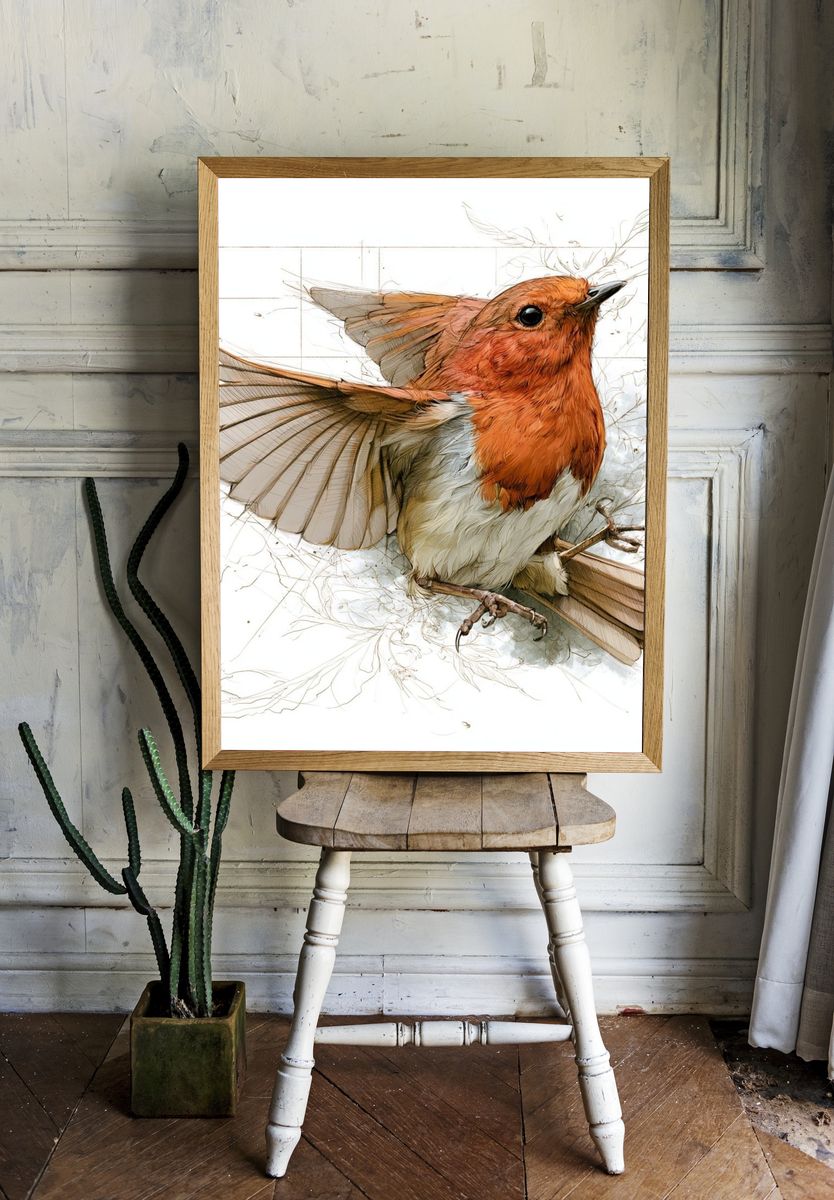 Robin Watercolor Illustration Poster. — room view 1