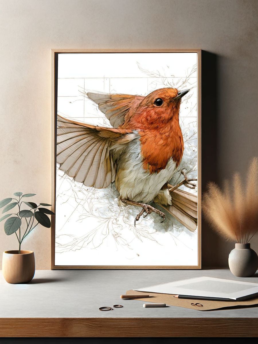 Robin Watercolor Illustration Poster. — room view 2