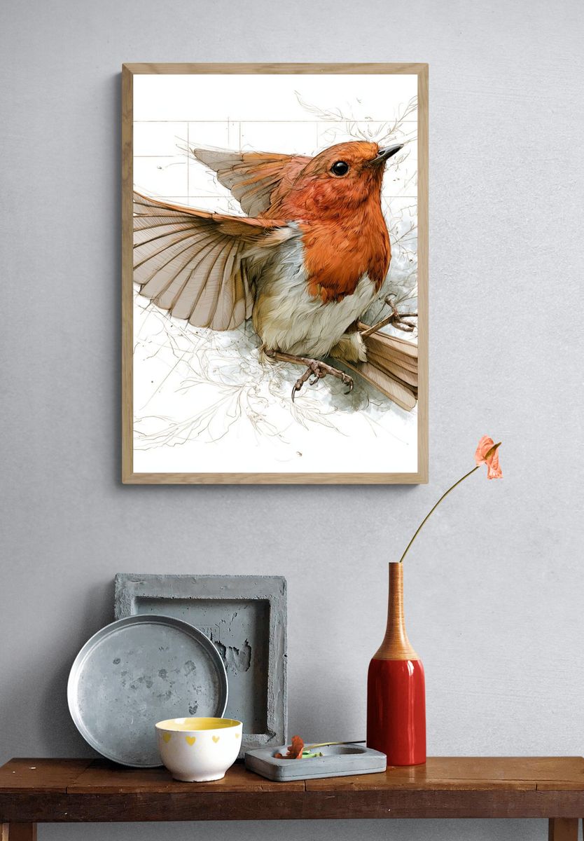 Robin Watercolor Illustration Poster. — room view 3