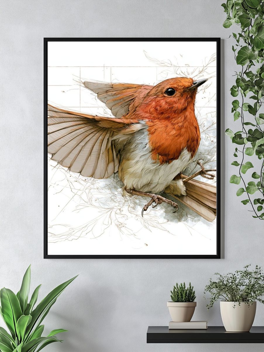 Robin Watercolor Illustration Poster. — room view 4