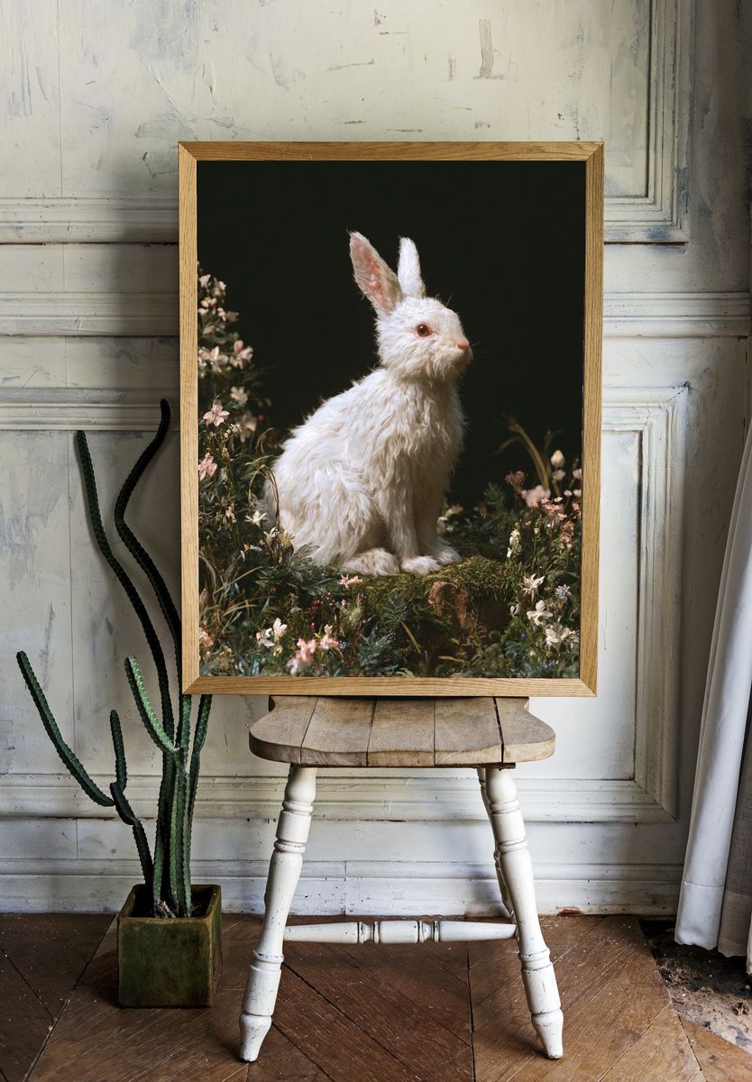 White Rabbit Floral Portrait Poster. — room view 1