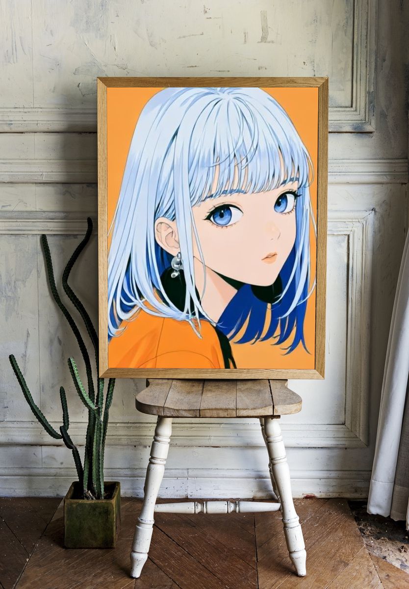 Blue-Haired Anime Portrait Poster. room preview